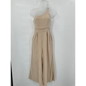 Anrabess Jumpsuit Small‎ Tan Single Shoulder Wide Leg Coastal Linen One Shoulder